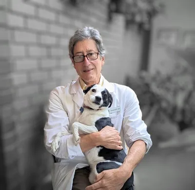 Dr. Thomas Morganti in a white coat holding a small dog
