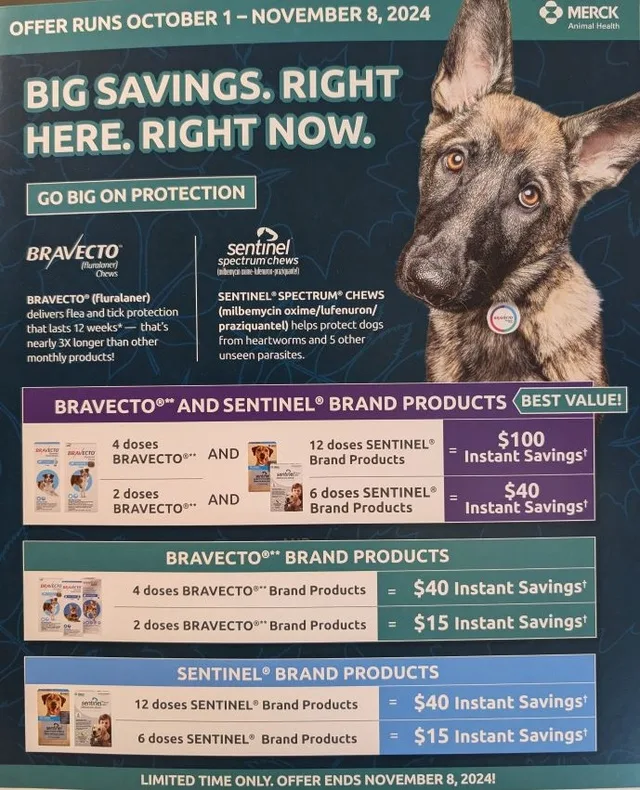 Flyer for the Bravecto and Sentinel Prevention Instant Rebates, offer running October 1 to November 8, 2024